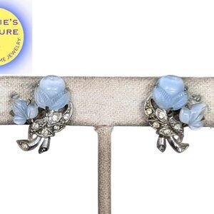 Vintage 1930s Rhodium Plated Blue Tutti Frutti Acorn & Leaf Screw Back Earrings